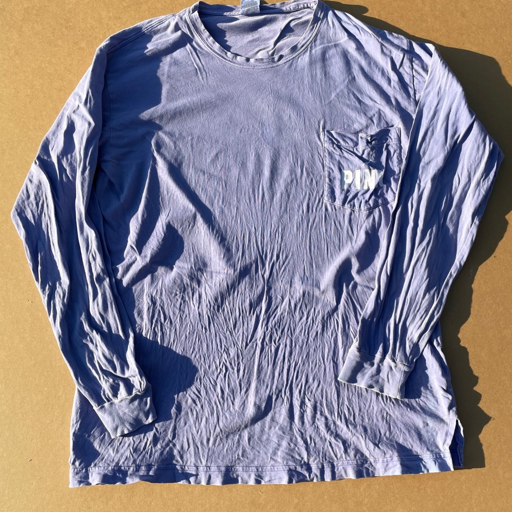 PINK Victoria's Secret Long Sleeve Tee Women L Purple Casual Pocket Logo Graphic